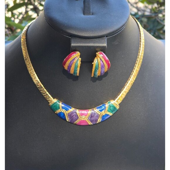 Vintage Gold-Tone Enamel Necklace & Clip-On Earrings Set '80 Era Like New 18" - Picture 12 of 12